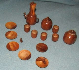 Vintage Wooden Doll House Dishes Set Of 14 Dark Wood Cute Plates Cups Picture