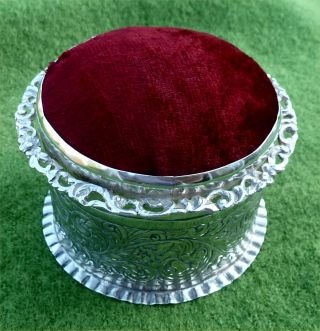 Round Victorian Sterling Silver Box With Pin Cushion Lid By George Heath 1884