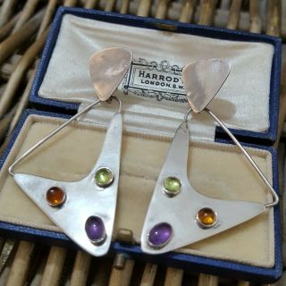 Vintage 925 Solid Silver Earrings,  Modernist,  Amethyst,  Peridot,  Citrine,  Mexico