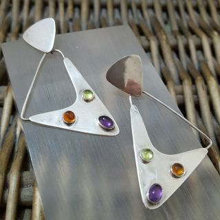 VINTAGE 925 SOLID SILVER EARRINGS,  MODERNIST,  AMETHYST,  PERIDOT,  CITRINE,  MEXICO 3