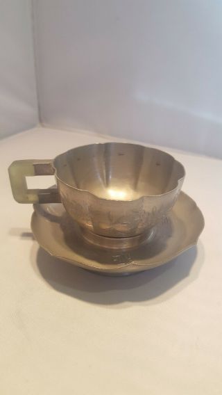 Antique Chinese Pewter Cup & Saucer W/ Engraved Calligraphy & Jade