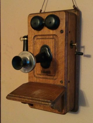 Antique Kellogg Hand Crank Wooden Oak Wall Telephone,  patented 1901,  COMPLETE 2