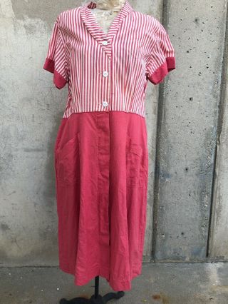 Vintage 1940s Pink Striped Linen Cotton Dress Uniform Work Dress Button Up Sz 40