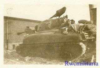 Street Fight Us M4 Sherman Tank Parked In Rubble By Building; Germany 1945