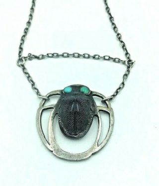 Vintage Silver Arts And Crafts Turquoise & Scarab ? Pendant Necklace
