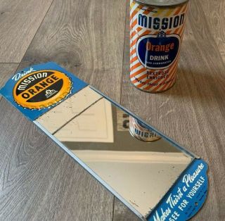 Vtg Mission Orange Soda Pop Tin Litho Painted Advertising Mirror Sign Can Cola