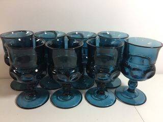 8 Vtg Indiana Glass Kings Crown Thumbprint Smoke Teal Blue 5 3/4 " Goblets Set