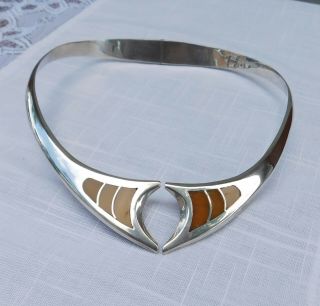 Large Vintage Taxco 950 Sterling Silver Amber Modernist Hinged Collar Necklace
