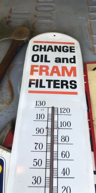 Large Vintage Fram Oil Air Filters Metal Thermometer 38” gas oil automotive 3