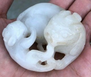 Vintage Chinese White Foo Lions Jade Pendant From Old Estate
