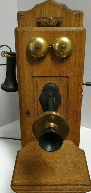 Antique 1901 Kellogg Oak Wood Case Wall Phone crank & bell Chicago model323433 - L 2