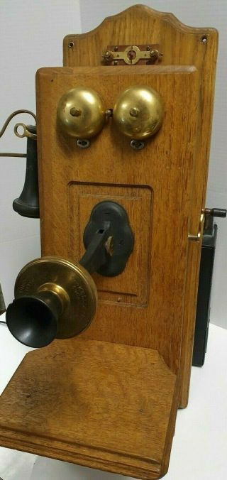Antique 1901 Kellogg Oak Wood Case Wall Phone crank & bell Chicago model323433 - L 3