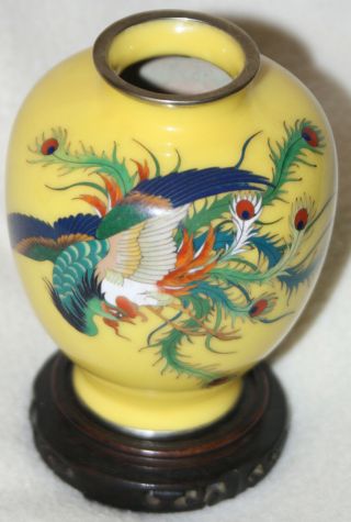Chinese Republic Sterling Silver Cloisonné Colorful Peacock Yellow Ground Vase