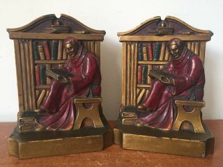 Antique Vtg 1920 L V Aronson Metal Monk Priest In Library Books Bookends Heavy