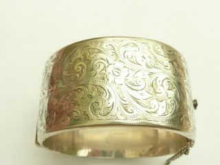 Fab Vintage Wide Solid Silver Hinged Cuff Bangle Chased Bracelet 61.  4 Grams