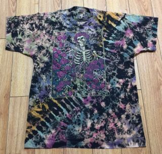 Vintage Skull And Roses / Wagon Wheel Tie Dye 2 Sided Screen T Shirt L Us Made