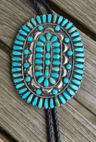 Vintage Native American Indian Turquoise Sterling Silver Bolo Tie Signed Ih