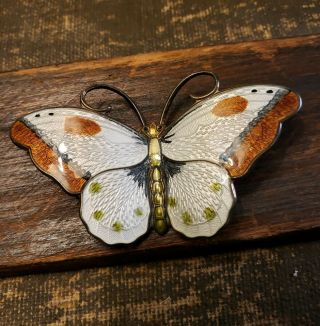 Hroar Prydz Norway Sterling Silver Guilloche Enamel Butterfly Pin Brooch