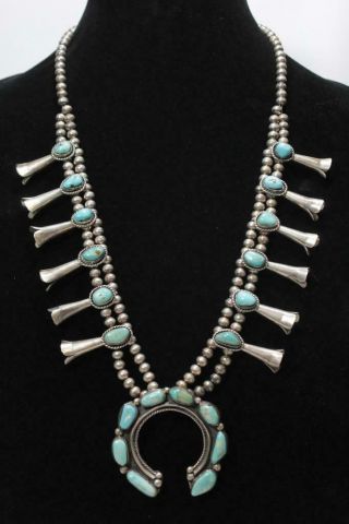 Vintage Navajo Heavy Sterling Silver Turquoise Squash Blossom Necklace