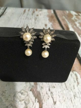 Vintage Floral 14k White Gold Diamond Pearl Earrings Clip On 1/2 Carat 7 Grams