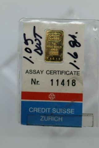 Vintage Credit Suisse Zurich 1 Gram 24k Gold Bar Au.  999 11418 1980