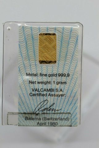 VINTAGE Credit Suisse Zurich 1 gram 24K Gold Bar AU.  999 11418 1980 2