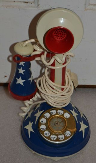 Vintage Red White & Blue Candlestick Phone 1973 Deco - Tel Rotary Style W/ Cord