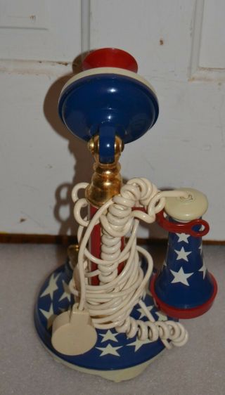 Vintage Red White & Blue CANDLESTICK PHONE 1973 Deco - Tel Rotary Style w/ Cord 4