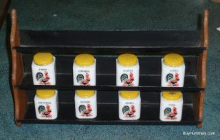 8 Piece Set Of Vintage Milk Glass Tipp Roosters Spices Spice Rack Yellow Lids