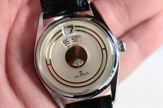 Vintage Alpha Digital Jump Hour Mens Wrist Watch Gold Stainless Steel Swiss