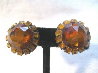 Vintage Adele Simpson Citrine Rhinestones & Faceted Glass Pyramid Earrings