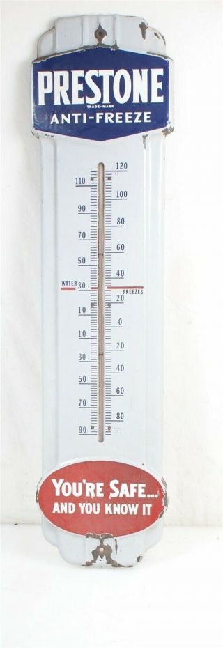 Vintage / Antique Prestone Anti - Freeze Porcelain Covered Thermometer