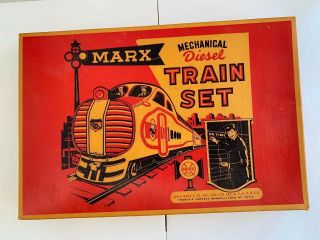 Vintage Louis Marx Mechanical Diesel Train Set Mid 1950’s 4 Piece W Rails Nib