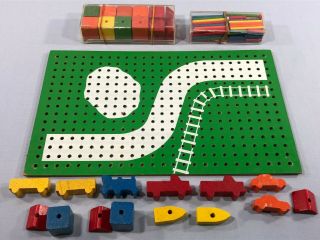 Vintage Playskool Wood Pegboard Toy With Cars,  Trains,  Boats,  And Buildings