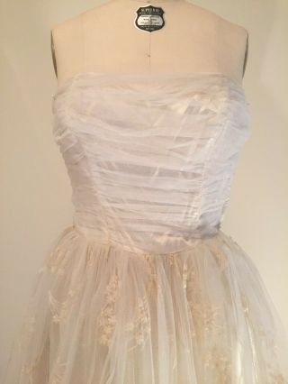 Vintage Wedding Dress 1950s Strapless Full Skirt Embroidered Tulle Net Jacket S 2