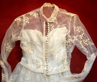 Vintage Wedding Dress 1950s Strapless Full Skirt Embroidered Tulle Net Jacket S 4