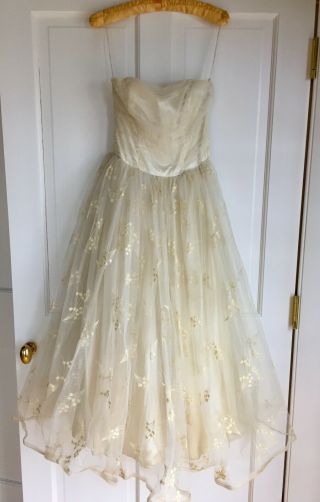 Vintage Wedding Dress 1950s Strapless Full Skirt Embroidered Tulle Net Jacket S 6