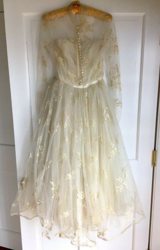 Vintage Wedding Dress 1950s Strapless Full Skirt Embroidered Tulle Net Jacket S 7