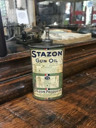 Vintage Stazon Gun Oil Can - - 1/4 Full - - Lead Tip - - Officially Adopted Gunoil Of Nra