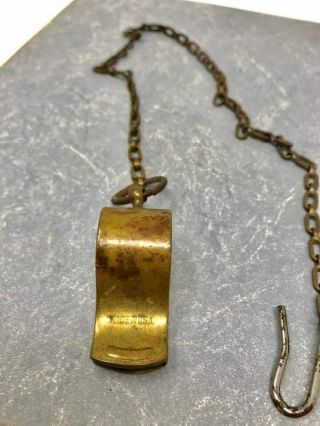 WWII Era US Army NCO or MP Soldered Brass Whistle with Chain - Marked: MILITARY 5