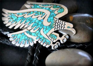 Vintage Sterling Silver Turquoise Chip Inlay Eagle Thunderbird Signed Bolo Tie