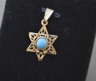 CW20 - 14K YELLOW GOLD STAR OF DAVID WITH A TURQUOISE IN THE CENTER CHARM PENDANT 3