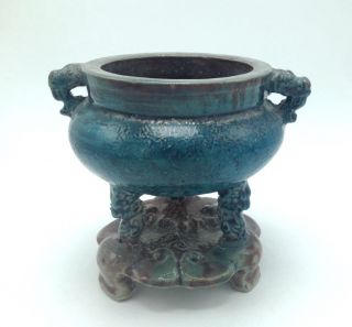 Very Old Antique Chinese Blue Green Glazed Tripod Censer Burner