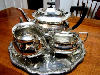 Old Edwardian Antique Silver Plate Teapot Set Teekanne Jug Sugar Bowl C1905