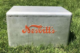Vtg 1950s NESBITT ' S Soda Pop Ice Chest Chrome Hinged Top Cooler Orange Soda 2