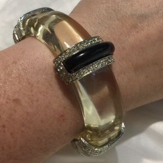 Vintage 1990s Kenneth Lane Lucite Rhinestone Clear Art Deco Hinge Bracelet 2