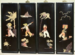 4 Vintage Asian Lacquer Panels With Colorful Jade And Other Stones Relief