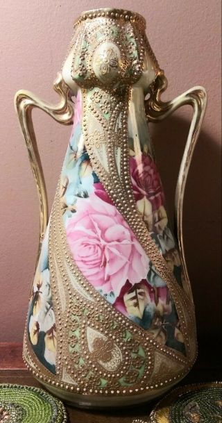 Antique Art Nouveau Nippon Porcelain Vase Roses & Paisley Gold Trim Hp 11 " H 