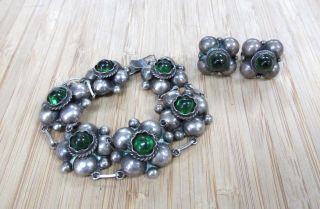 Vintage Green Stone Sterling Silver Bracelet & Earrings Set; Mexico 3 - I3098