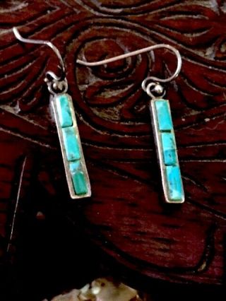 Vintage Zuni 925 Sterling Silver Channel Inlay Turquoise Drop/dangle Earrings 5g